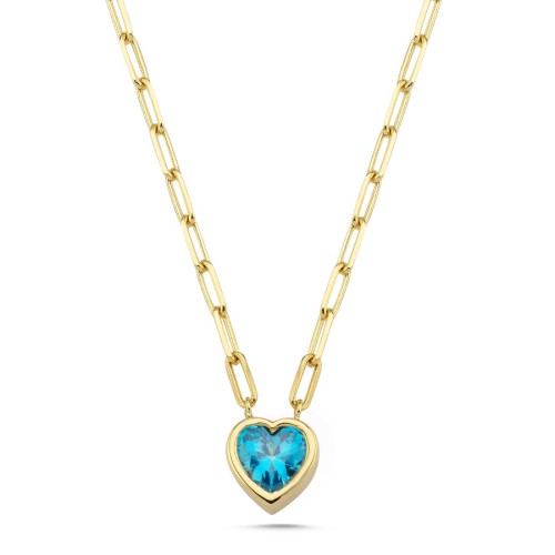 CNG Jewels - Mavi Taşlı Kalp Ataş Zincirli Altın Kolye