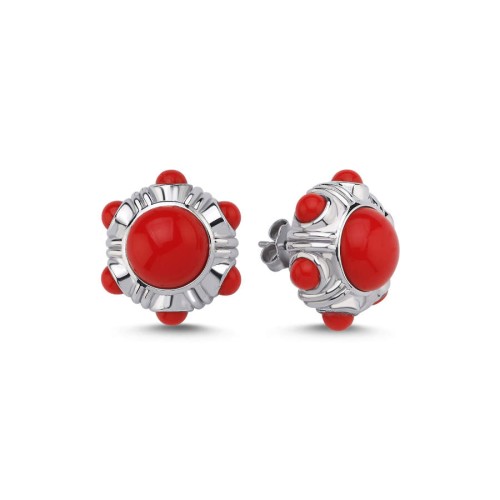 CNG Jewels - Mercan Kırmızı Vintage Gümüş Kadın Küpe