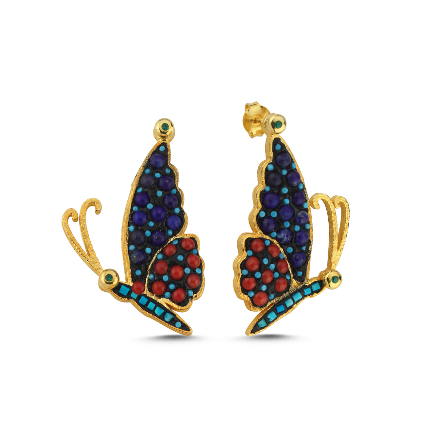 Mercan Turkuaz Lapis Taşlı Kelebek Tasarım Gümüş Küpe - CNG Jewels