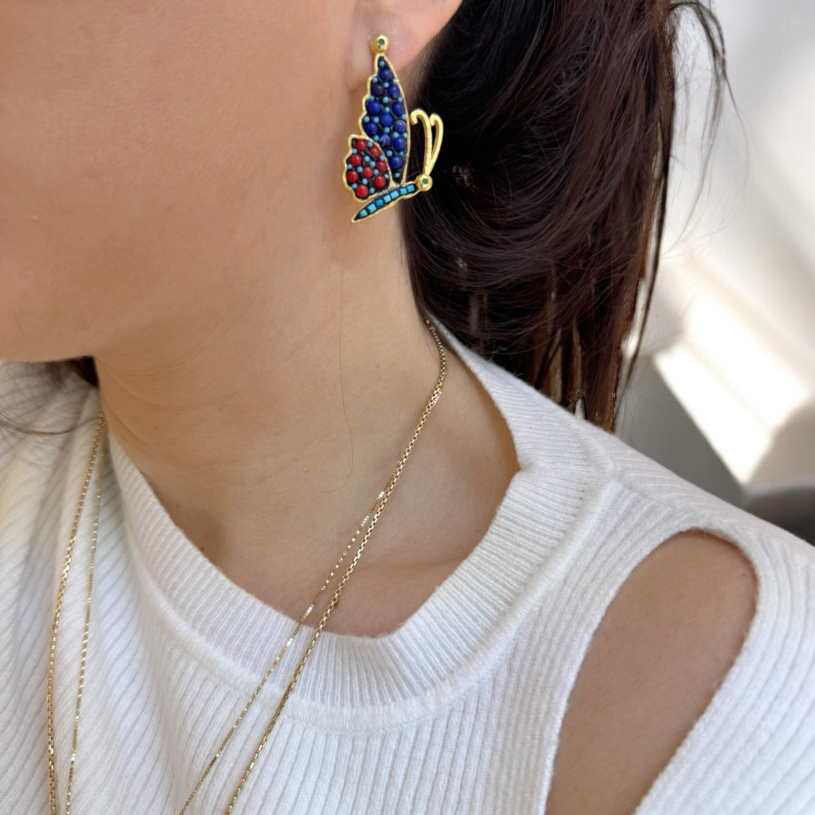 Mercan Turkuaz Lapis Taşlı Kelebek Tasarım Gümüş Küpe - CNG Jewels (1)