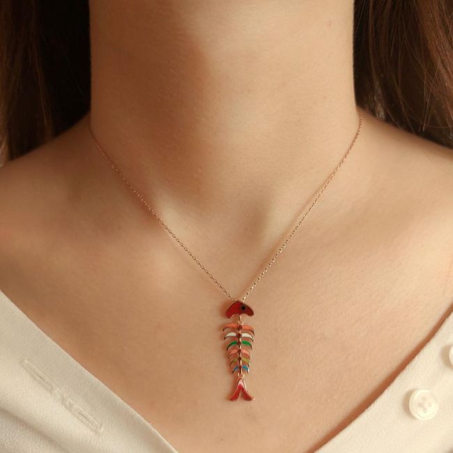 Mineli Balık Kılçığı Gümüş Kadın Kolye - 1