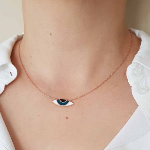 Mineli Göz Şeklinde Rose Kadın Gümüş Kolye - 3