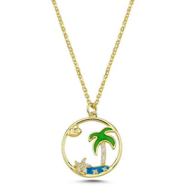 Enameled Palm Tree Silver Women's Necklace - 1