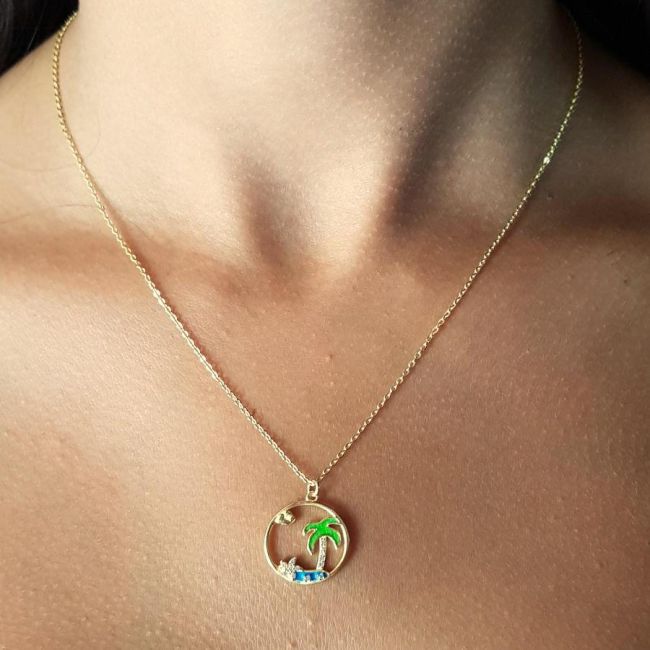 Enameled Palm Tree Silver Women's Necklace - 2