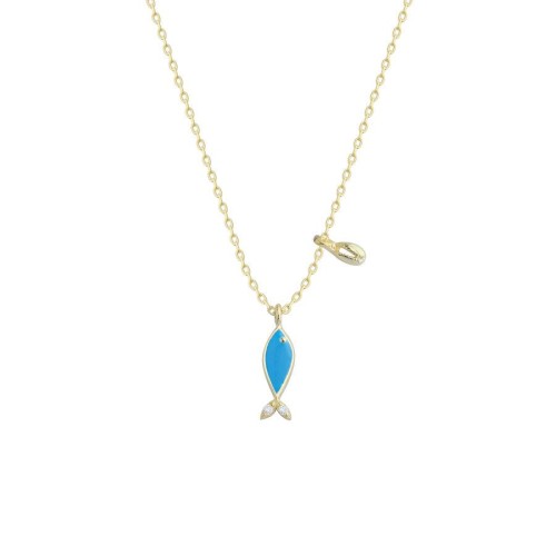 CNG Jewels - Mini Mavi Mineli Balık ve İstiridye Gümüş Kadın Kolye
