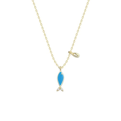 Mini Blue Enameled Fish and Oyster Silver Women's Necklace - CNG Jewels
