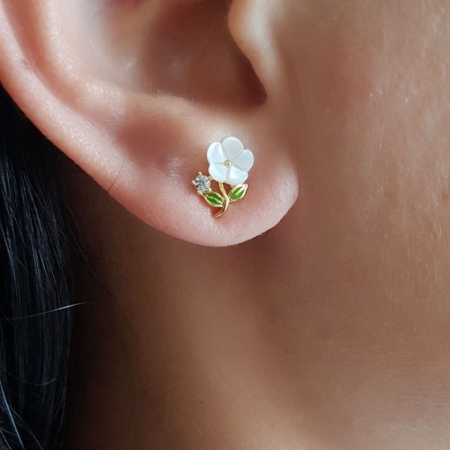 CNG Jewels - Minik Sedef Çiçek Yeşil Yapraklı Gümüş Bayan Küpe