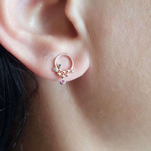 Minik Üç Renkli Taşlı Çember Gümüş Kadın Küpe - 1