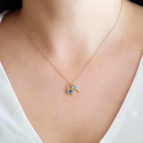 Minimal Anahtar Nazar Göz Kilit Gold Gümüş Kolye - 2