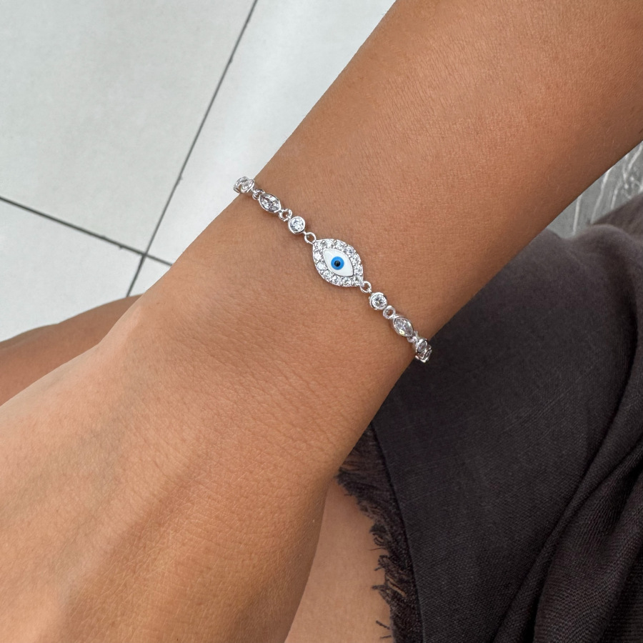 Minimal Beyaz Nazar Boncuğu Kadın Gümüş Bileklik - CNG Jewels (1)