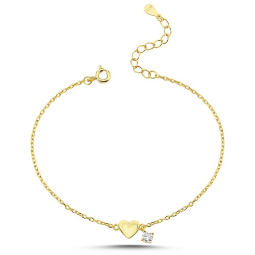 Minimal Kalp Tektaş Gold Kadın Gümüş Bileklik - Thumbnail