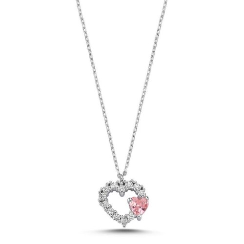CNG Jewels - Minimal Pembe Beyaz Taşlı Kalp Gümüş Kadın Kolye