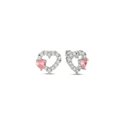 CNG Jewels - Minimal Pembe Beyaz Taşlı Kalp Gümüş Kadın Küpe