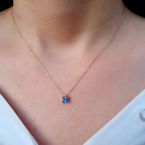 14 Ayar Altın Akua Mavi Mini Kare Tektaş Kolye - 3