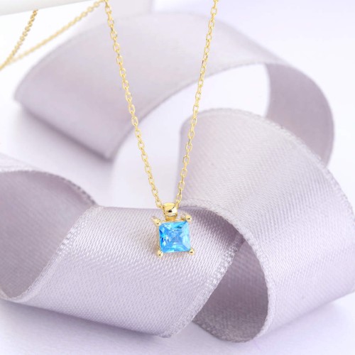 14 Ayar Altın Akua Mavi Mini Kare Tektaş Kolye - 2