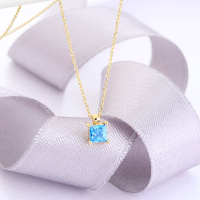 14 Ayar Altın Akua Mavi Mini Kare Tektaş Kolye - 2