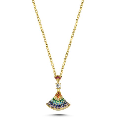 CNG Jewels - Minimal Renkli Taşlı Yelpaze Gümüş Bayan Kolye