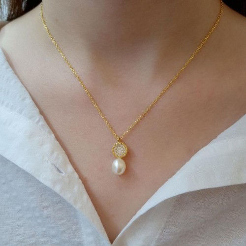 Minimal Taşlı Damla Gerçek İnci Gold Kadın Gümüş Kolye - 2