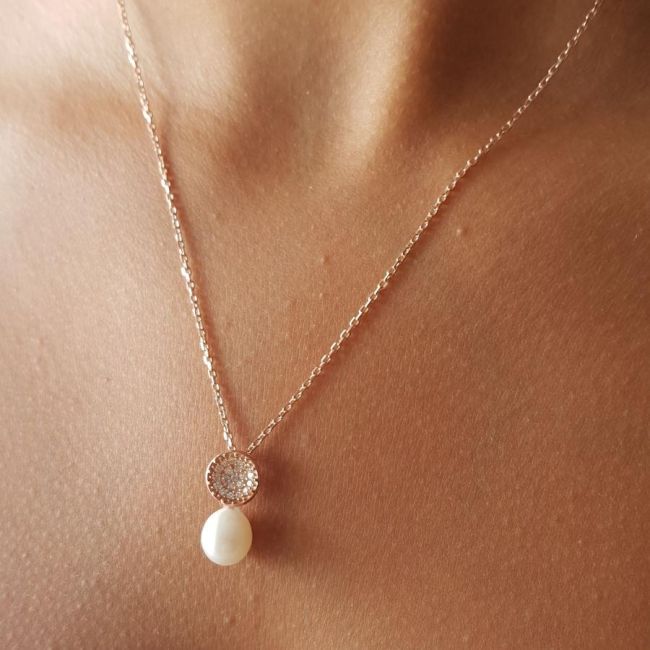 Minimal Taşlı Damla Gerçek İnci Rose Kadın Gümüş Kolye - 2