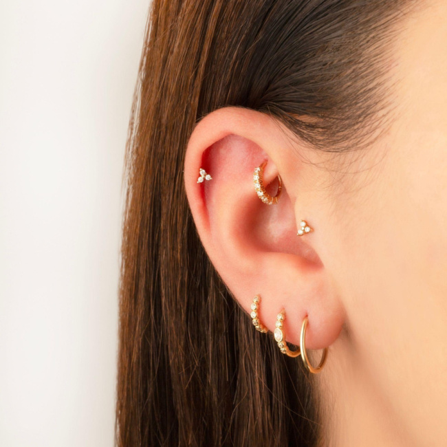 Minimal Tria Taşlı Altın Tragus Piercing - 2