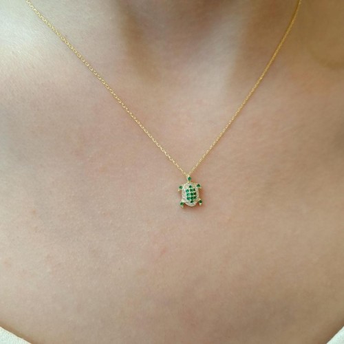 Minimal Yeşil Kaplumbağa Gümüş Kadın Kolye - Thumbnail