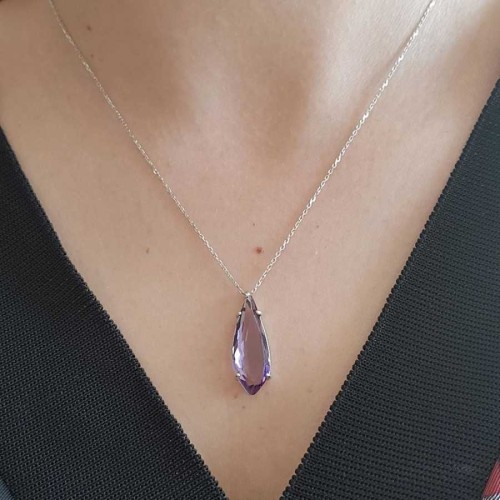 Modern Drop Cut Amethyst Stone Silver Women's Necklace - 1