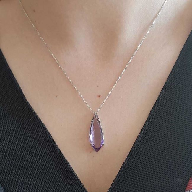 Modern Drop Cut Amethyst Stone Silver Women's Necklace - 1