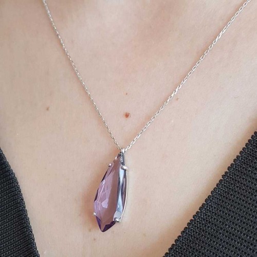 Modern Drop Cut Amethyst Stone Silver Women's Necklace - 2