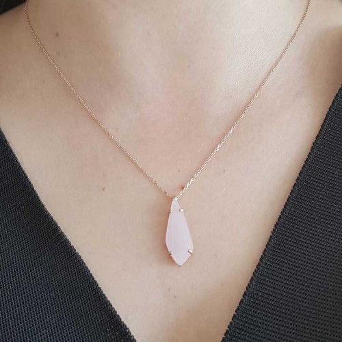 CNG Jewels - Modern Damla Pembe Kuvars / Rose Kuartz Taşlı Gümüş Bayan Kolye
