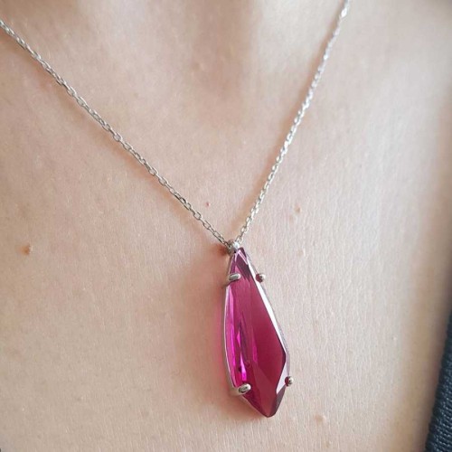 Modern Damla Yakut Renk Taşlı Gümüş Kadın Kolye - 3