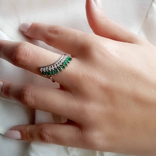 CNG Jewels - Modern Tasarım Yeşil Baget Gümüş Kadın Yüzük