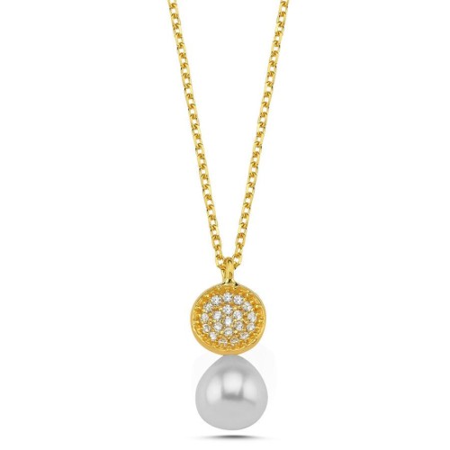 CNG Jewels - Modern Taşlı Doğal Damla İncili Gold Gümüş Bayan Kolye