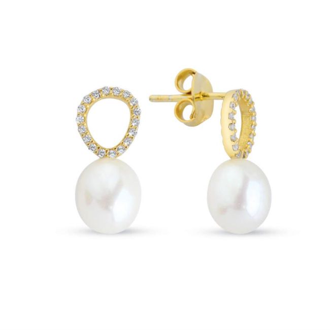 Modern Taşlı Halka Doğal Damla İncili Gümüş Kadın Küpe - 1