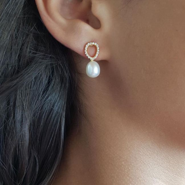 Modern Taşlı Halka Doğal Damla İncili Gümüş Kadın Küpe - 2