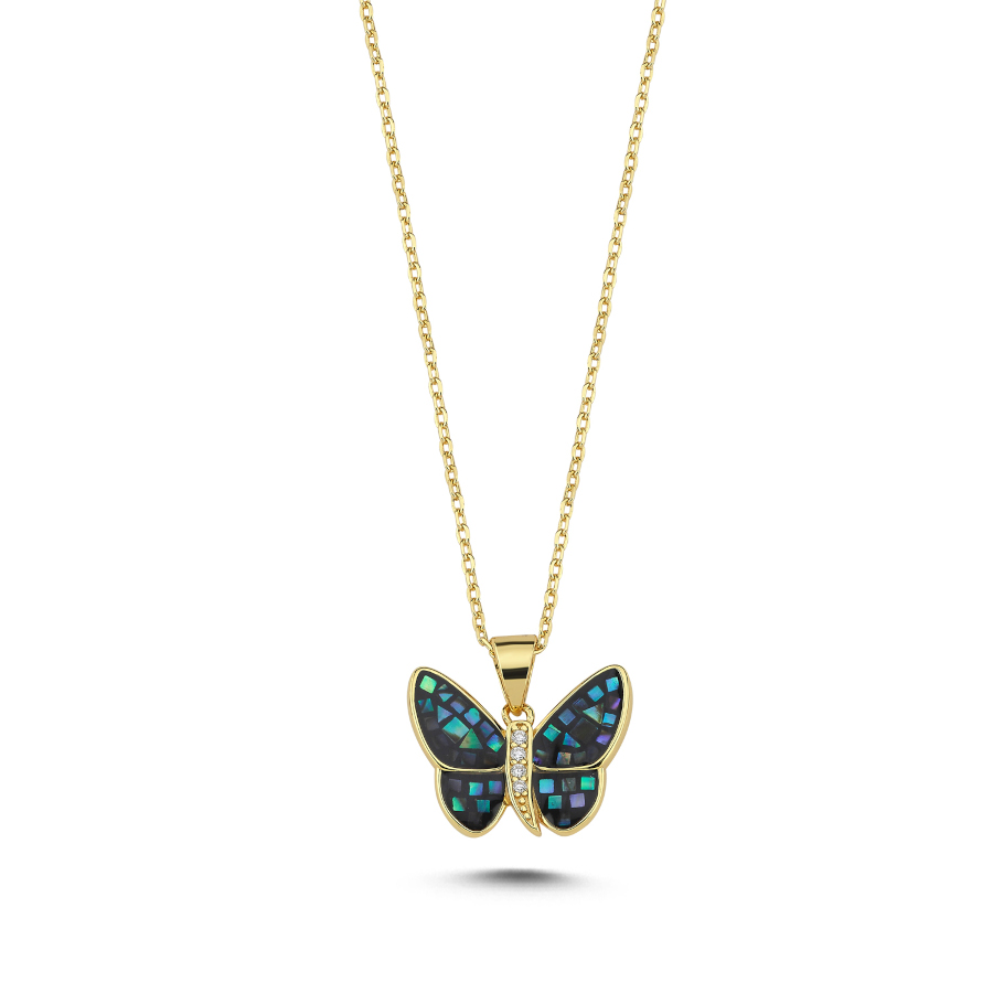 Mosaic Mother of Pearl Butterfly Silver Women's Necklace - CNG Jewels