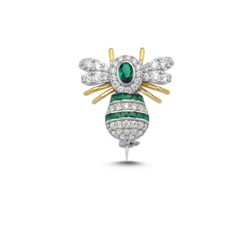 Mücevher Modeli Zümrüt Arı Gümüş Broş - Thumbnail