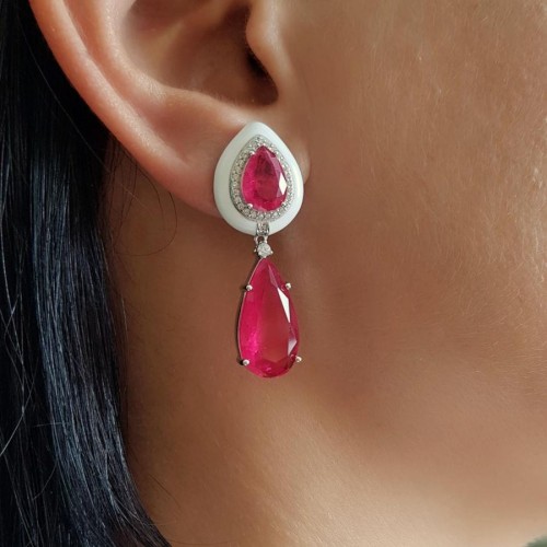 Jewelry Design Drop Ruby Enameled Silver Women's Earrings - CNG Jewels (1)