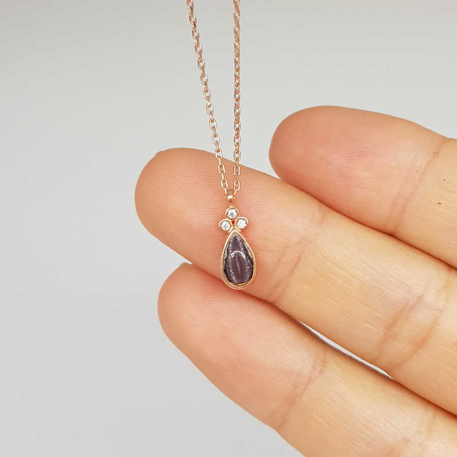 Mürdüm Küçük Damla Kedi Gözü Rose Gümüş Kadın Kolye - CNG Jewels