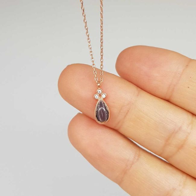 Mürdüm Küçük Damla Kedi Gözü Rose Gümüş Kadın Kolye - 1