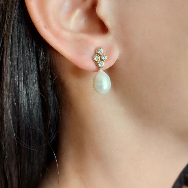 Four Stone Natural Drop Pearl Silver Women's Earrings - 2