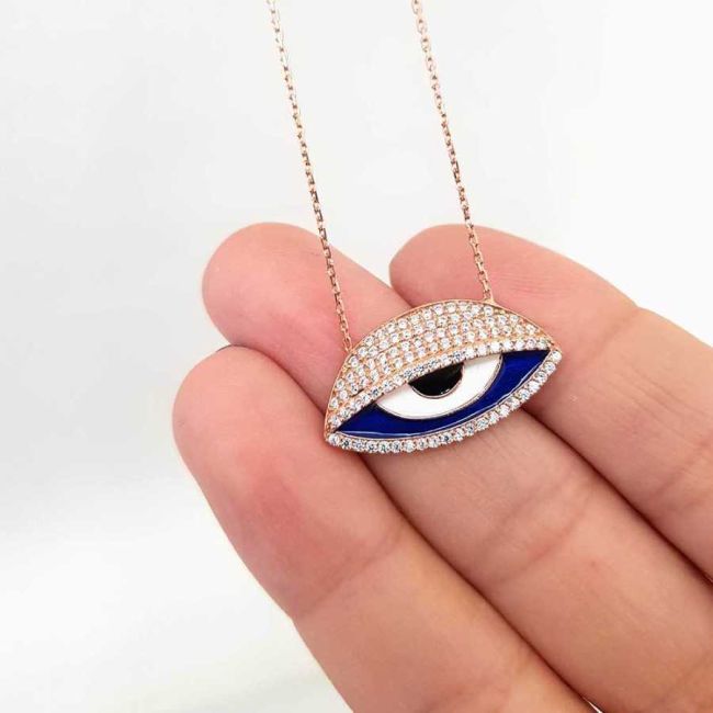  Nazar Boncuğu Parlak Taşlı Göz Gümüş Kadın Kolye - 2