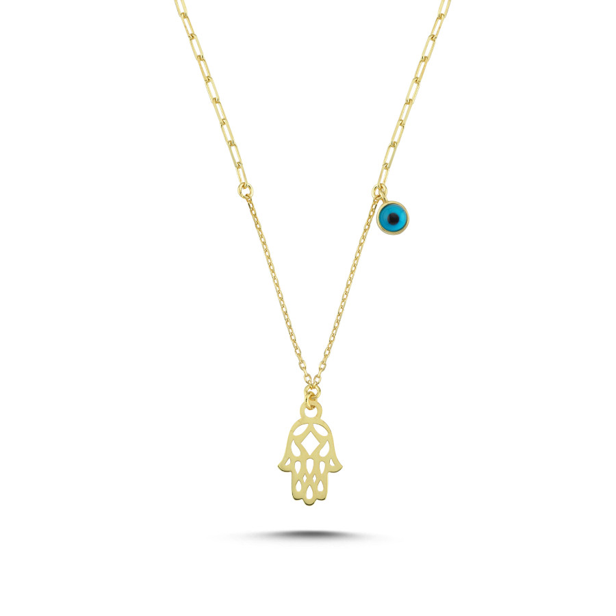Hand of Fatima Women's Silver Necklace with Evil Eye Beads - CNG Jewels