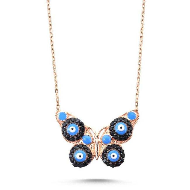 Evil Eye Beaded Butterfly Women's Silver Necklace - 1
