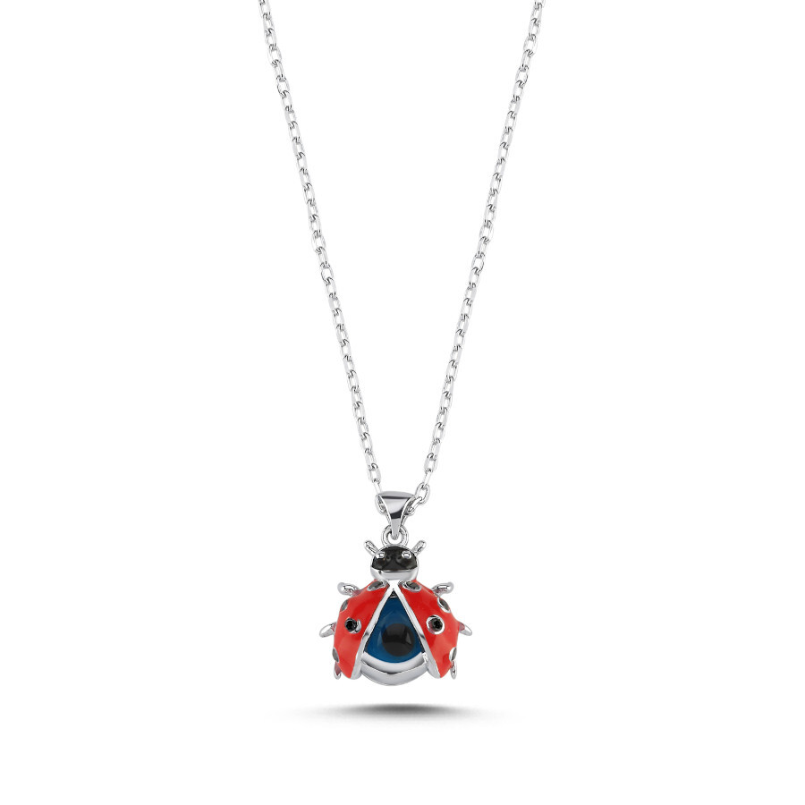 Minimal Ladybug Silver Necklace with Evil Eye Bead - CNG Jewels