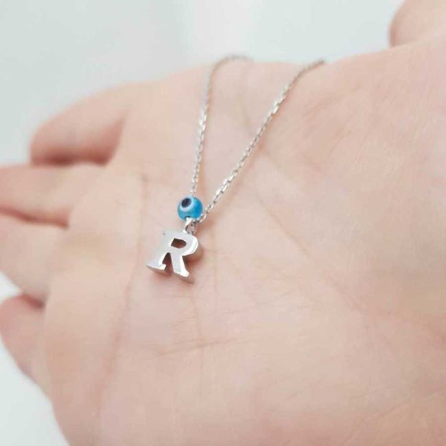 Nazar Boncuklu R Harfi Gümüş Kadın Kolye - 1