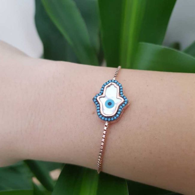 Nazar Boncuklu Sedef Fatma Ana Eli Gümüş Asansör Bileklik - 1