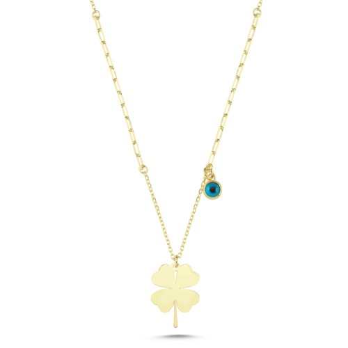 Evil Eye Beaded Clover Women's Silver Necklace - CNG Jewels