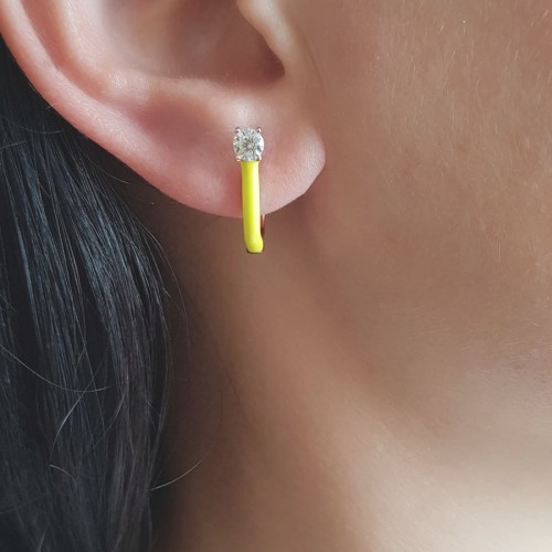 Neon Sarı Mineli Tektaşlı Halka Gümüş Kadın Küpe - 2