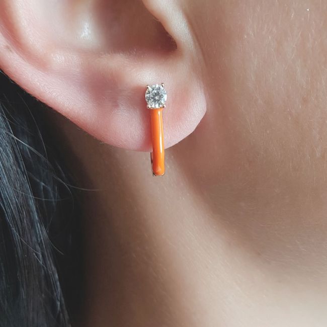 Neon Turuncu Mineli Tektaşlı Halka Gümüş Kadın Küpe - 2