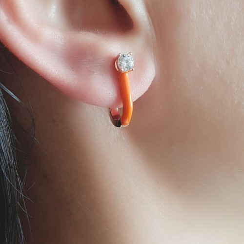 Neon Turuncu Mineli Tektaşlı Halka Gümüş Kadın Küpe - 1